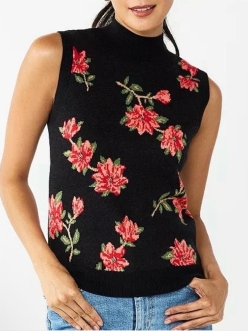NWOT Draper James Size Large Mock-Neck Sleeveless Sweater with Red Floral Design